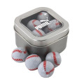 Tin with Window Lid and Chocolate Baseballs