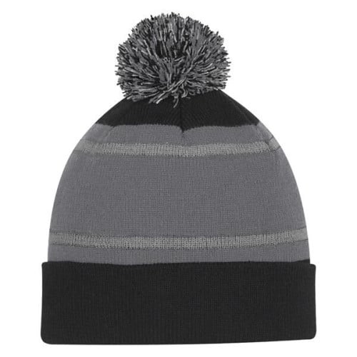 Tri-Tone Striped Pom Beanie With Cuff