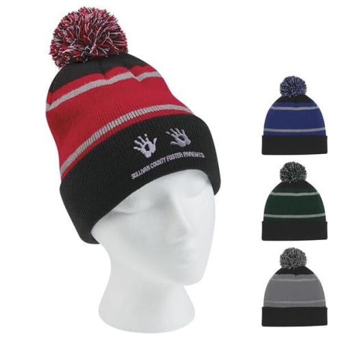 Tri-Tone Striped Pom Beanie With Cuff