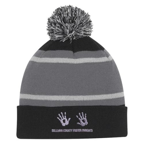 Tri-Tone Striped Pom Beanie With Cuff