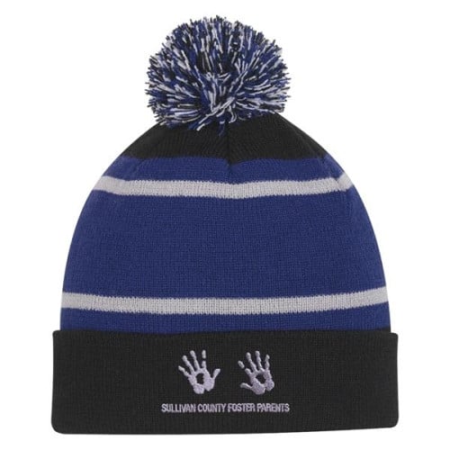 Tri-Tone Striped Pom Beanie With Cuff