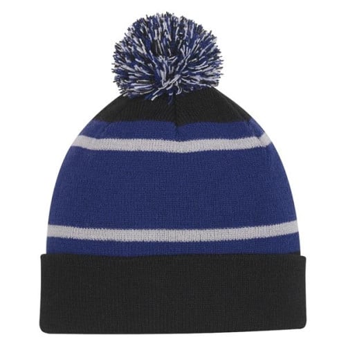 Tri-Tone Striped Pom Beanie With Cuff