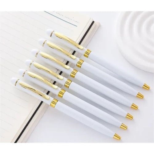 Elegant White Metal Ballpoint Pen With Gold Trim 