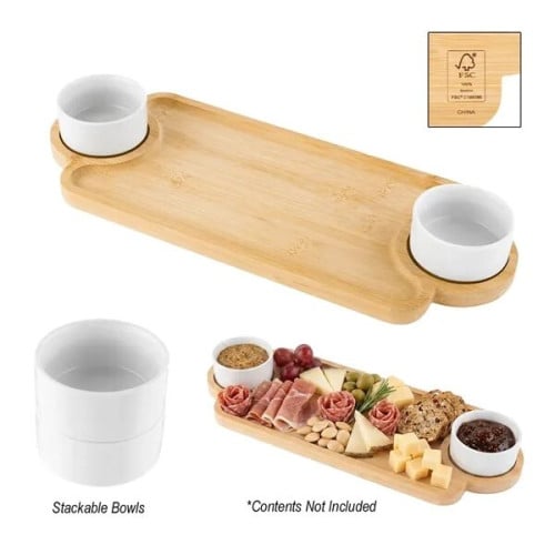 Bamboo Serving Tray With Porcelain Bowls