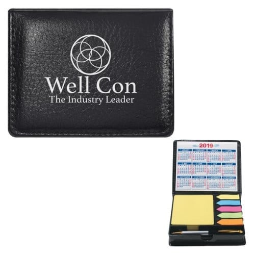 Square Leather Look Case Of Sticky Notes With Calendar & Pen