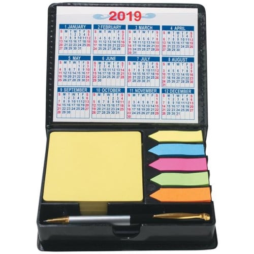 Square Leather Look Case Of Sticky Notes With Calendar & Pen