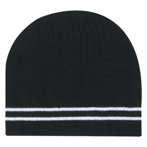 Ribbed Knit Beanie With Double Stripe