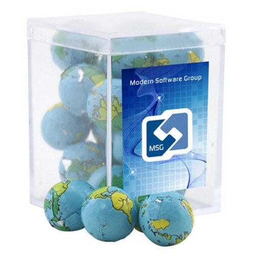 Chocolate Globes in a Clear Acrylic Square Box