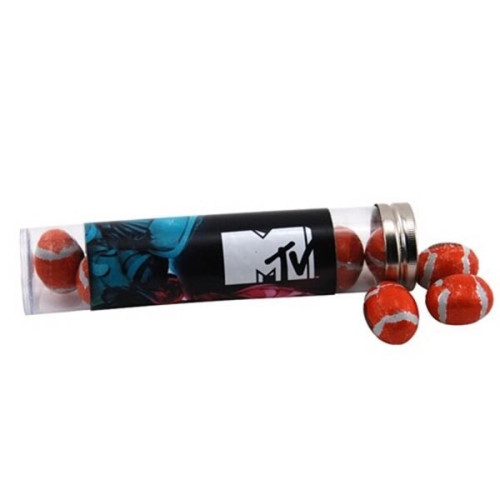 Chocolate Footballs in a 6 " Plastic Tube with Metal Cap