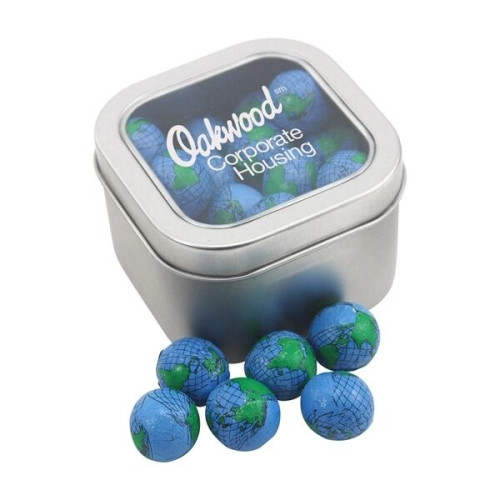 Large Tin with Window Lid and Chocolate Globes