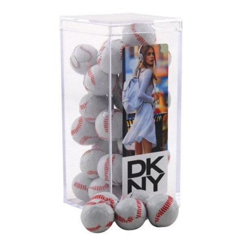 Chocolate Baseballs in a Clear Acrylic Square Tall Box
