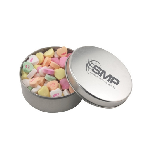 Large Round Metal Tin with Lid and Conversation Hearts