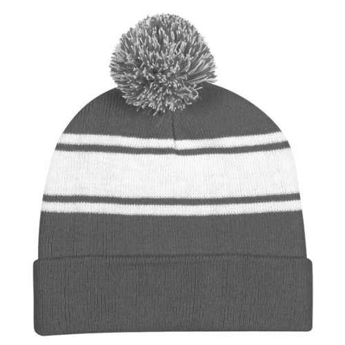 Two-Tone Knit Pom Beanie With Cuff