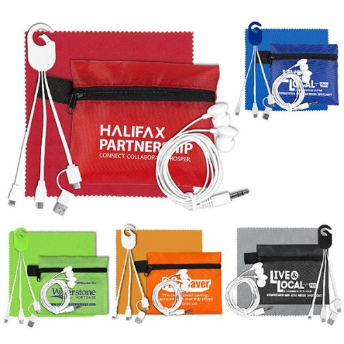 Mobile Tech Charging Cables and Earbud Kit in Zipper Pouch