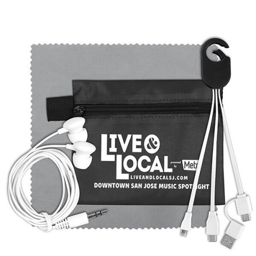 Mobile Tech Charging Cables and Earbud Kit in Zipper Pouch