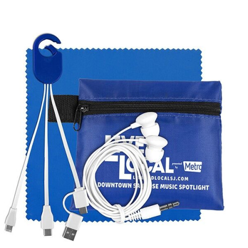 Mobile Tech Charging Cables and Earbud Kit in Zipper Pouch