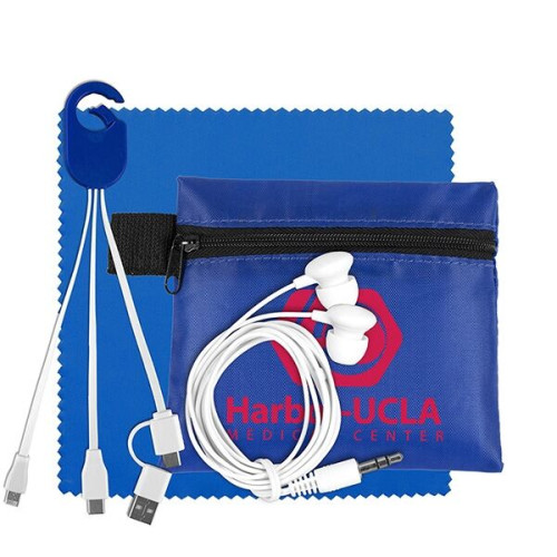 Mobile Tech Charging Cables and Earbud Kit in Zipper Pouch