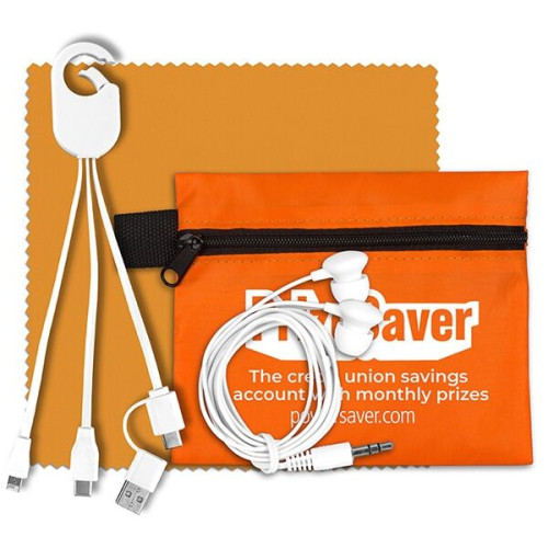 Mobile Tech Charging Cables and Earbud Kit in Zipper Pouch