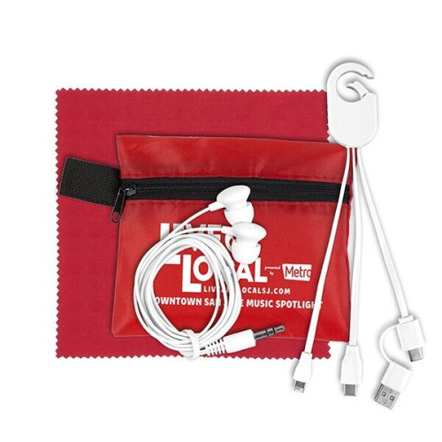 Mobile Tech Charging Cables and Earbud Kit in Zipper Pouch