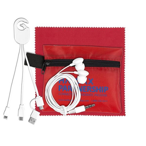 Mobile Tech Charging Cables and Earbud Kit in Zipper Pouch