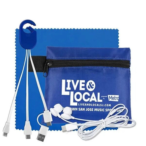 Mobile Tech Charging Cables and Earbud Kit in Zipper Pouch