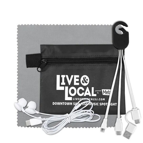 Mobile Tech Charging Cables and Earbud Kit in Zipper Pouch