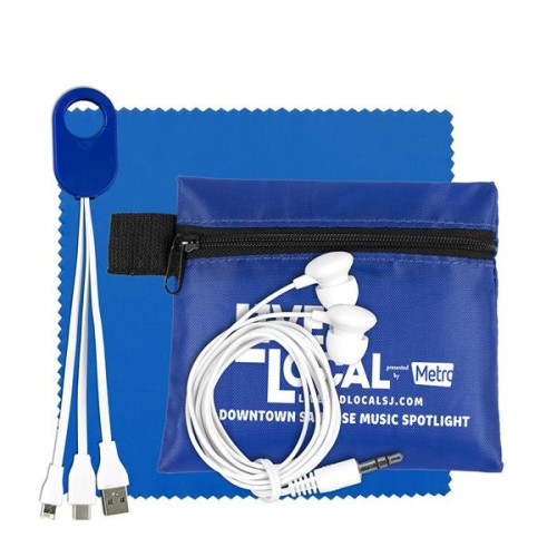 Mobile Tech Charging Cables and Earbud Kit in Zipper Pouch