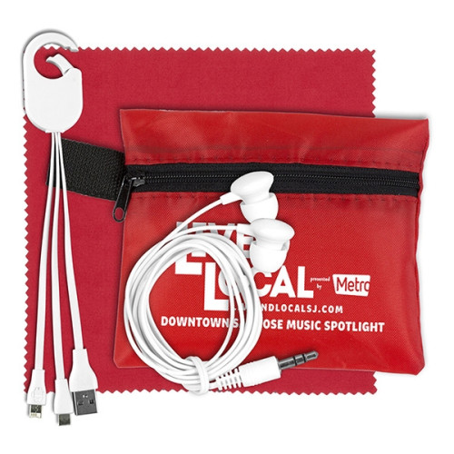 Mobile Tech Charging Cables and Earbud Kit in Zipper Pouch