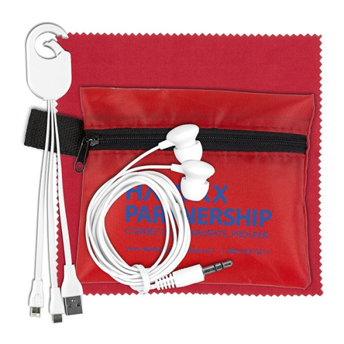 Mobile Tech Charging Cables and Earbud Kit in Zipper Pouch