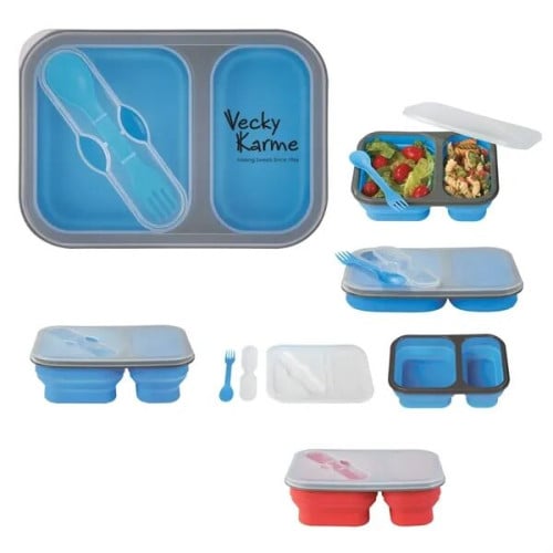 Collapsible 2-Section Food Container With Dual Utensil