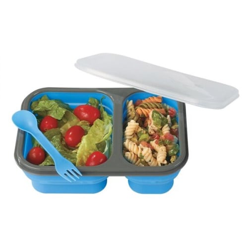 Collapsible 2-Section Food Container With Dual Utensil